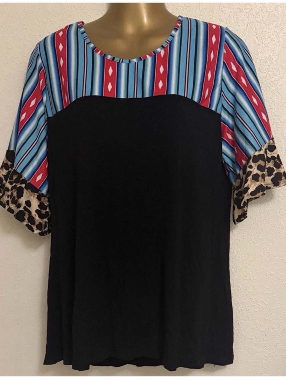 Black Short Sleeve Top with Blue-Red Stripe Yoke and Leopard Trim